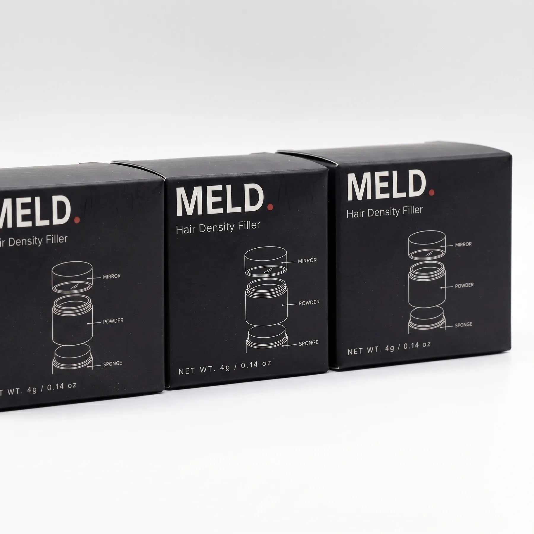 Three MELD Hair Density Filler boxes, 4g each